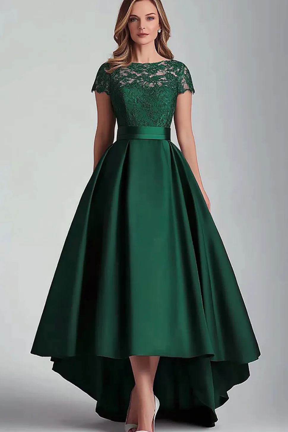 Green Satin Lace Uma Linha Alta Baixa Mãe do Vestido da Noiva com Mangas Curtas
