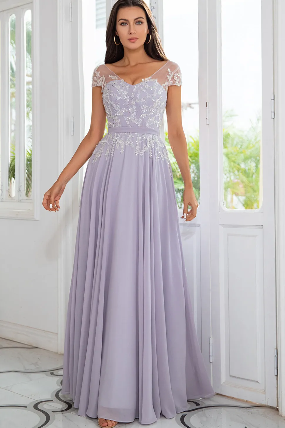 Grey Chiffon Mãe do Vestido de Noiva com Missangas