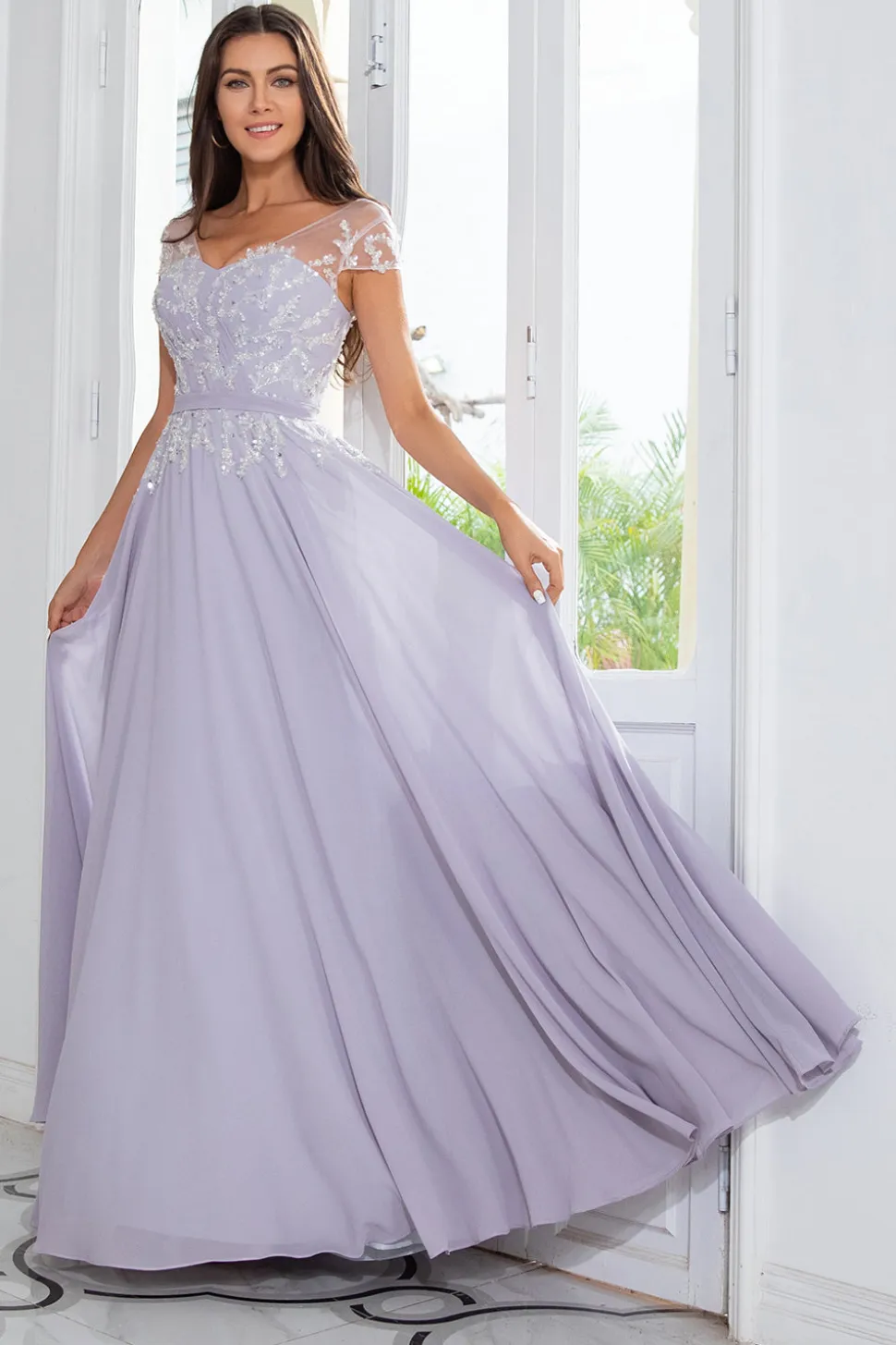 Grey Chiffon Mãe do Vestido de Noiva com Missangas