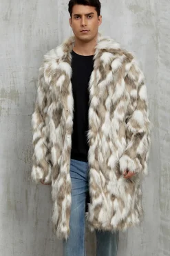 Grey Faux Fur Notched Lapela Long Winter Casaco Masculino