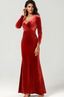 Guardiã do meu coração Sereia Terracota vestido de dama de honra com mangas compridas