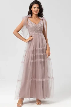 Guardião do Meu Coração A-Line V Neck Dusty Rosa Vestido Longo Madrinha com Missangas
