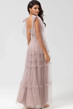 Guardião do Meu Coração A-Line V Neck Dusty Rosa Vestido Longo Madrinha com Missangas