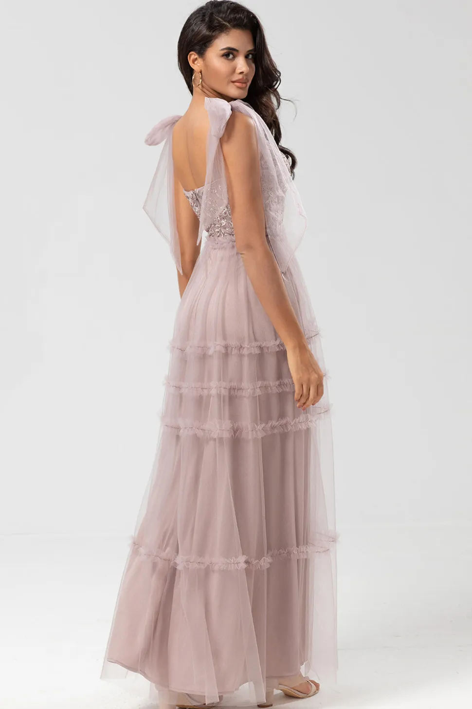 Guardião do Meu Coração A-Line V Neck Dusty Rosa Vestido Longo Madrinha com Missangas
