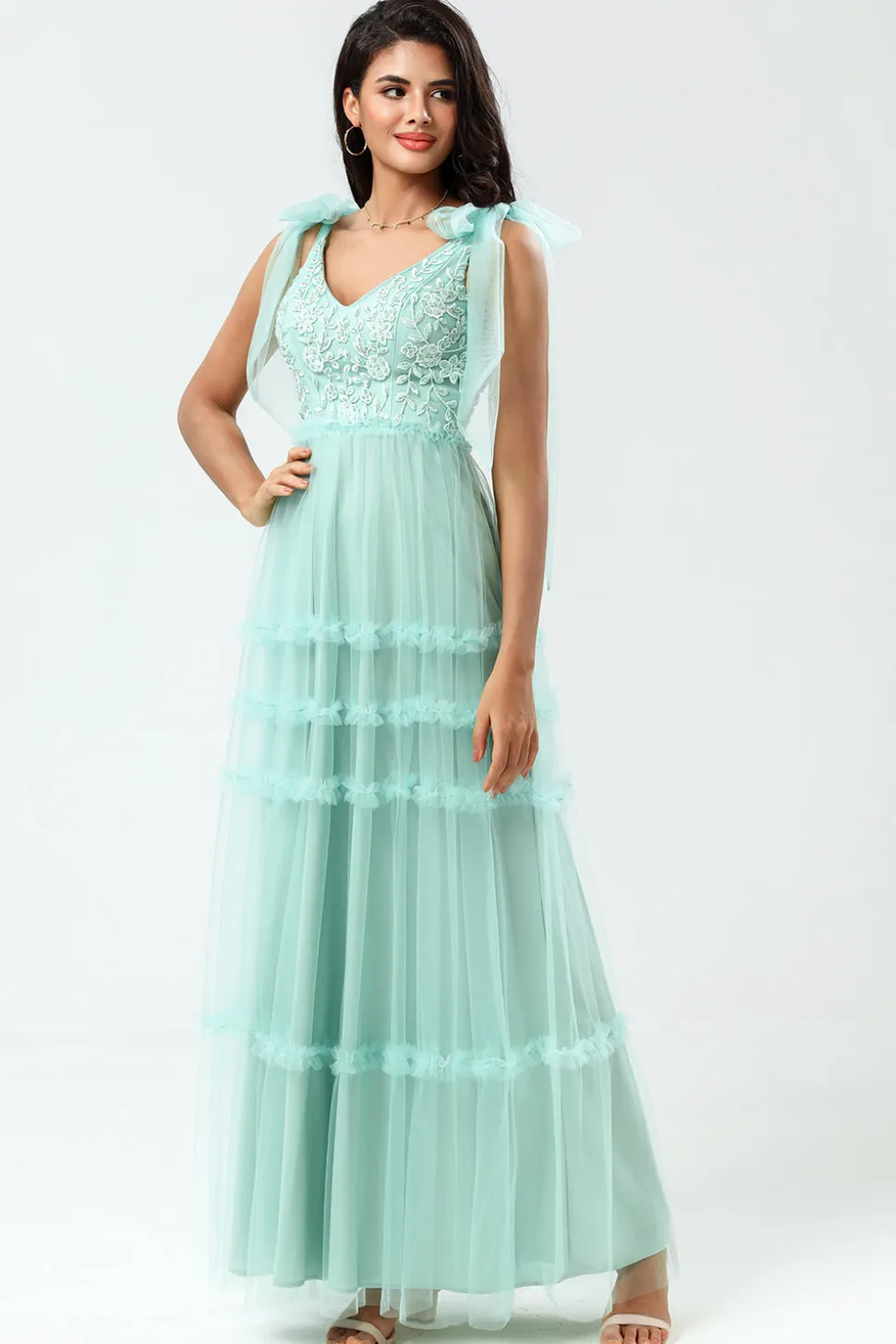 Guardião do Meu Coração A-Line V Neck Dusty Rosa Vestido Longo Madrinha com Missangas