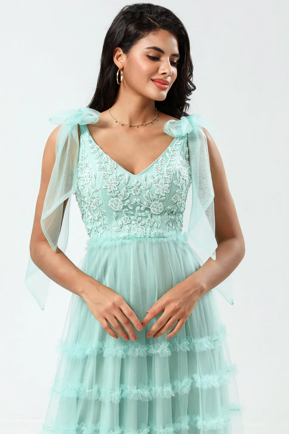 Guardião do Meu Coração A-Line V Neck Dusty Rosa Vestido Longo Madrinha com Missangas