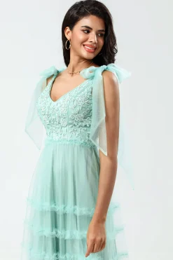 Guardião do Meu Coração A-Line V Neck Dusty Rosa Vestido Longo Madrinha com Missangas