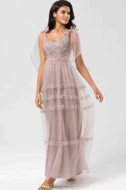 Guardião do Meu Coração A-Line V Neck Dusty Rosa Vestido Longo Madrinha com Missangas