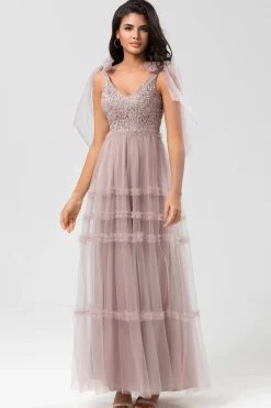 Guardião do Meu Coração A-Line V Neck Dusty Rosa Vestido Longo Madrinha com Missangas