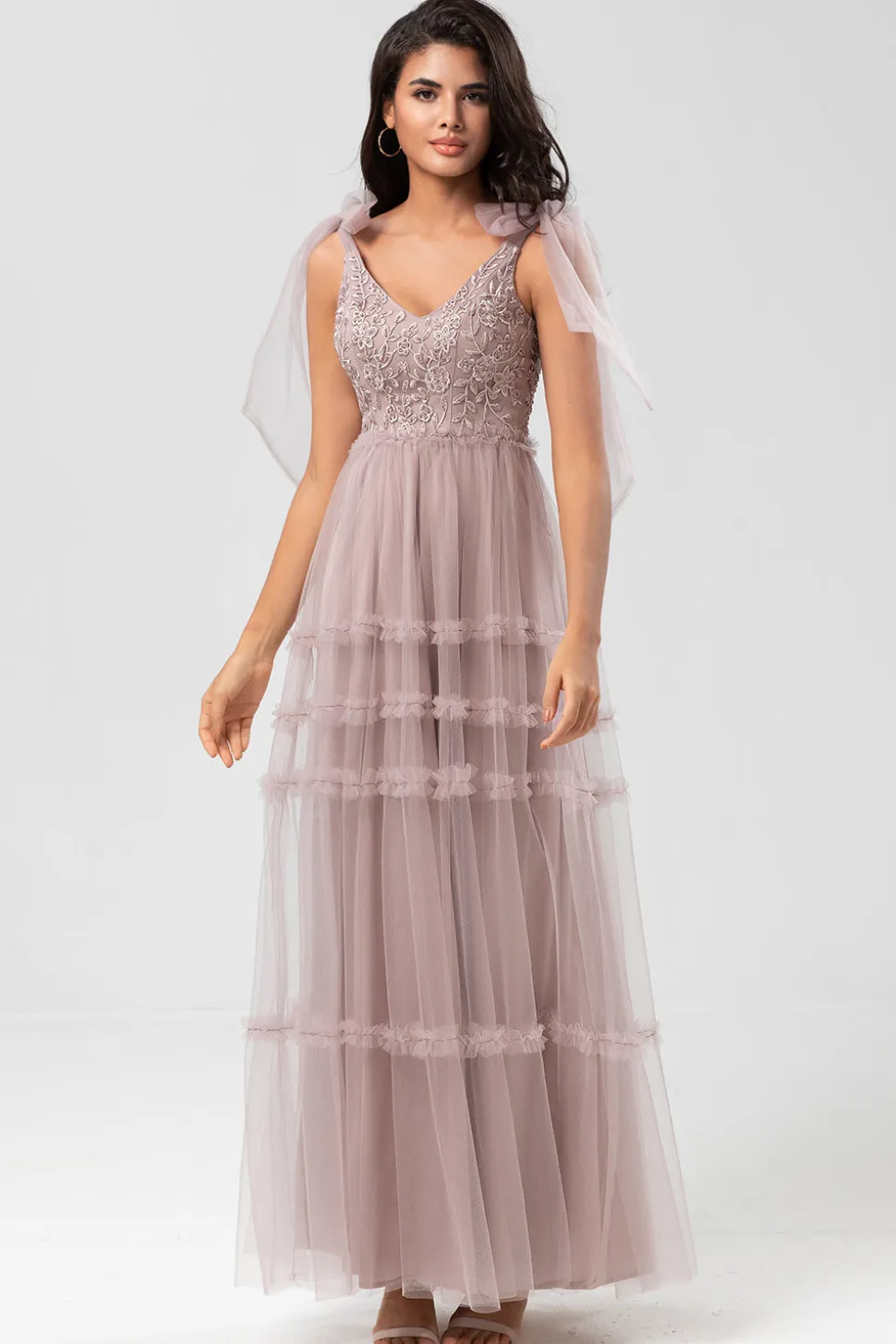 Guardião do Meu Coração A-Line V Neck Dusty Rosa Vestido Longo Madrinha com Missangas