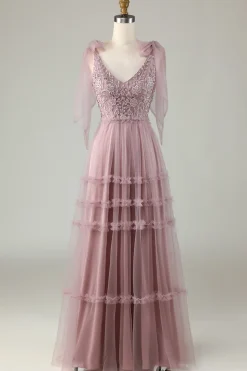 Guardião do Meu Coração A-Line V Neck Dusty Rosa Vestido Longo Madrinha com Missangas