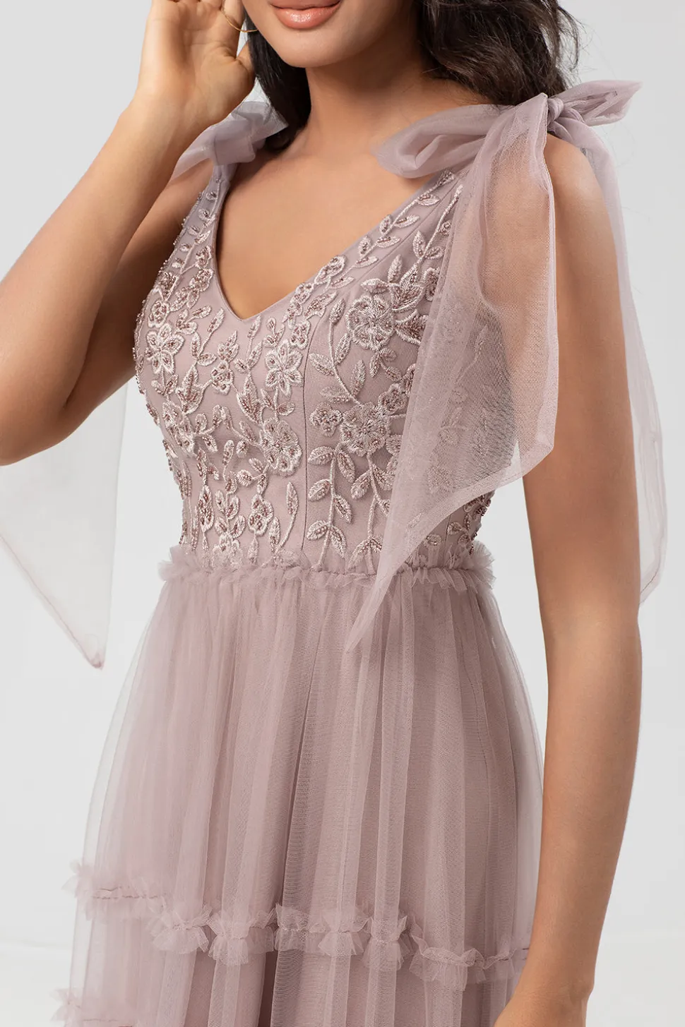 Guardião do Meu Coração A-Line V Neck Dusty Rosa Vestido Longo Madrinha com Missangas