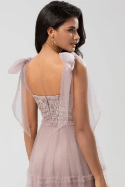 Guardião do Meu Coração A-Line V Neck Dusty Rosa Vestido Longo Madrinha com Missangas