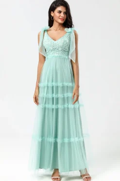 Guardião do Meu Coração A-Line V Neck Dusty Rosa Vestido Longo Madrinha com Missangas