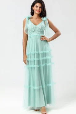 Guardião do Meu Coração A-Line V Neck Dusty Rosa Vestido Longo Madrinha com Missangas