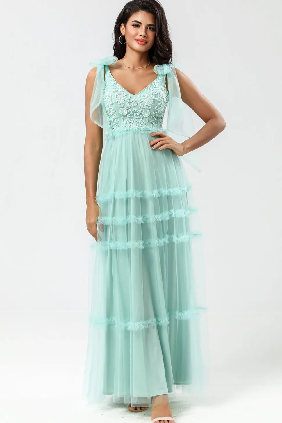 Guardião do Meu Coração A-Line V Neck Dusty Rosa Vestido Longo Madrinha com Missangas