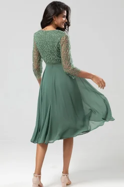 Guardião do Meu Coração Uma Linha V-Neck Eucalipto Vestido Madrinha com Mangas Longas