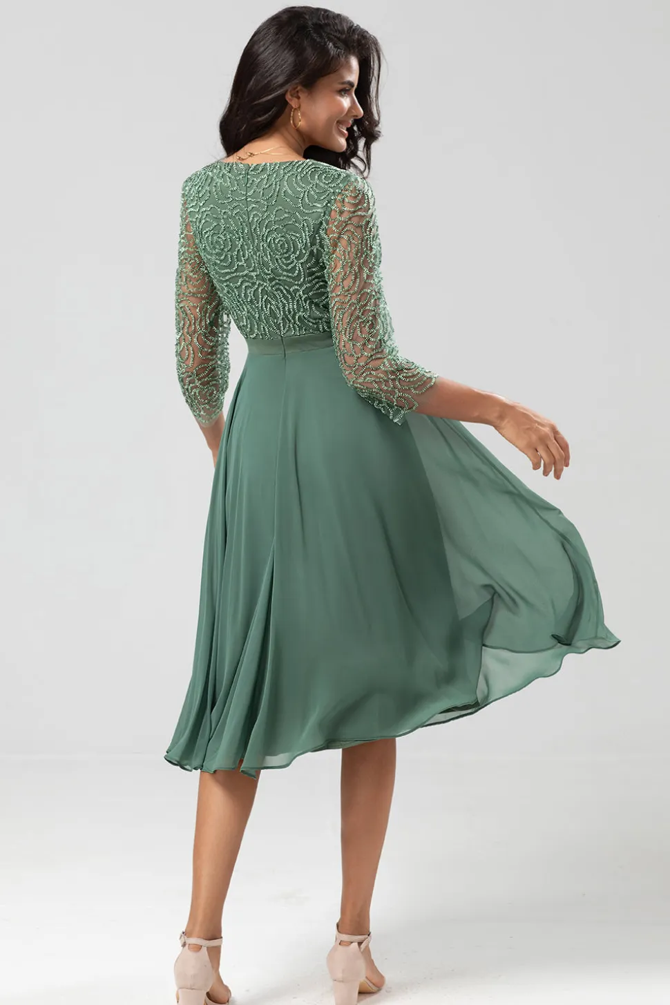 Guardião do Meu Coração Uma Linha V-Neck Eucalipto Vestido Madrinha com Mangas Longas