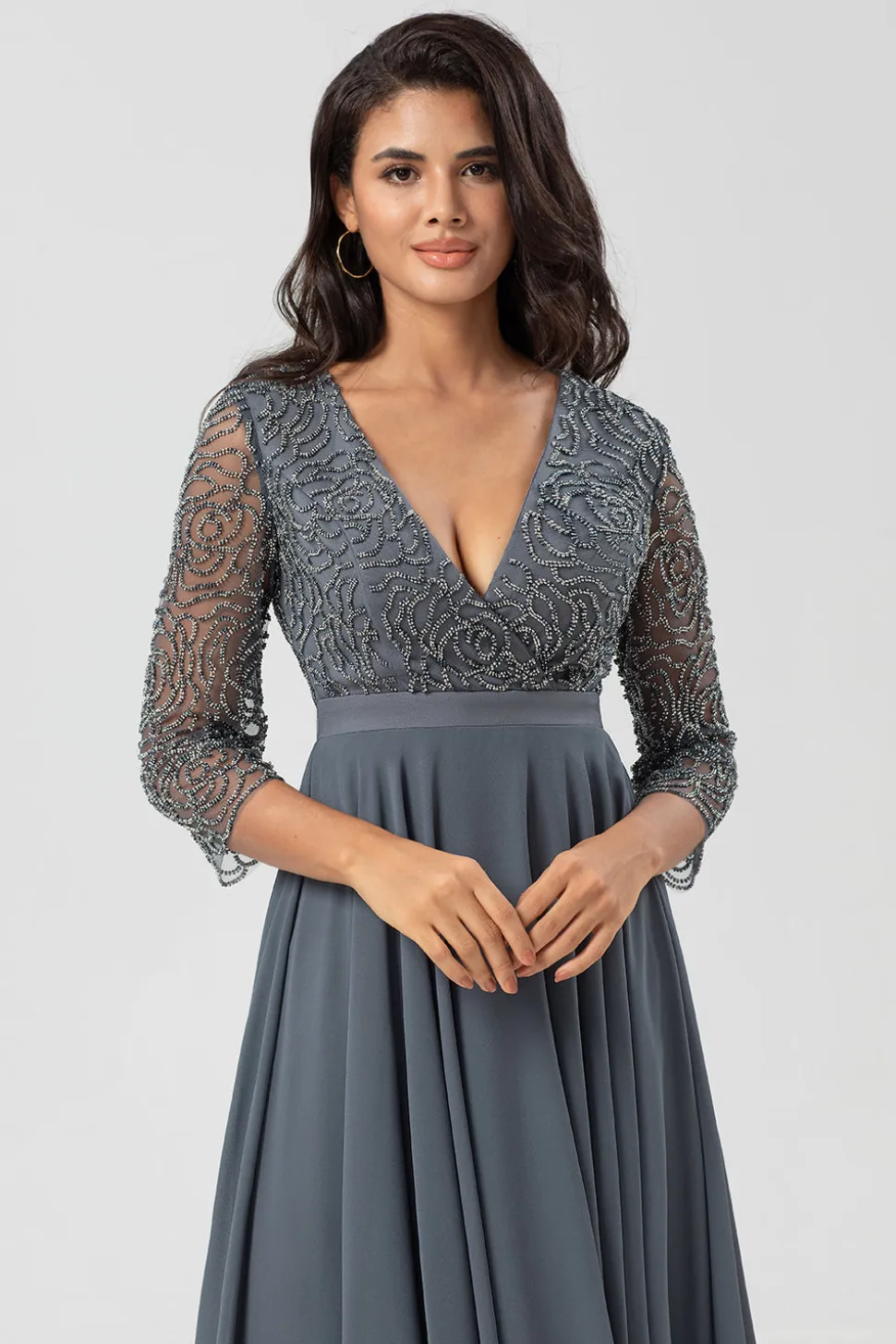 Guardião do Meu Coração Uma Linha V-Neck Eucalipto Vestido Madrinha com Mangas Longas