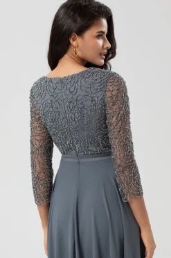 Guardião do Meu Coração Uma Linha V-Neck Eucalipto Vestido Madrinha com Mangas Longas