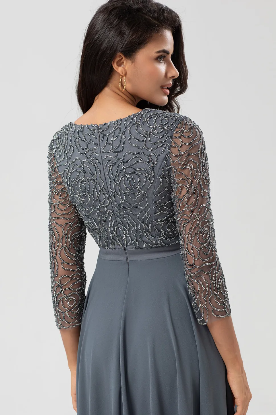 Guardião do Meu Coração Uma Linha V-Neck Eucalipto Vestido Madrinha com Mangas Longas