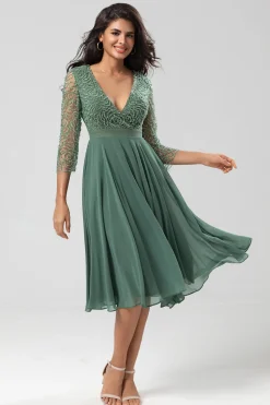 Guardião do Meu Coração Uma Linha V-Neck Eucalipto Vestido Madrinha com Mangas Longas