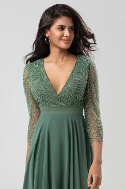 Guardião do Meu Coração Uma Linha V-Neck Eucalipto Vestido Madrinha com Mangas Longas