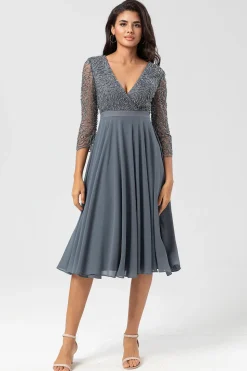 Guardião do Meu Coração Uma Linha V-Neck Eucalipto Vestido Madrinha com Mangas Longas