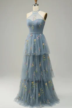 Halter A Line Vestido de Cerimónia Com Bordado