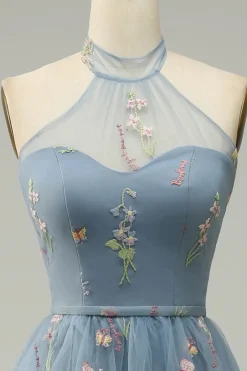 Halter A Line Vestido de Cerimónia Com Bordado