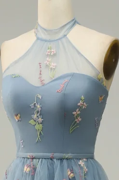 Halter A Line Vestido de Cerimónia Com Bordado
