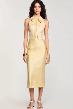 Halter amarelo bodycon midi arco vestido de casamento convidado