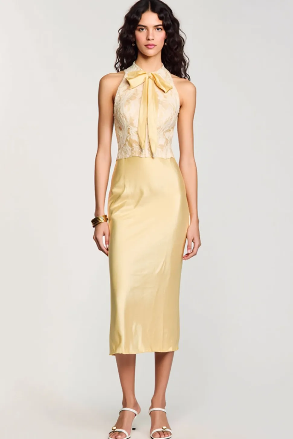 Halter amarelo bodycon midi arco vestido de casamento convidado