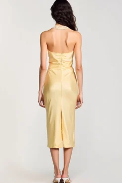 Halter amarelo bodycon midi arco vestido de casamento convidado