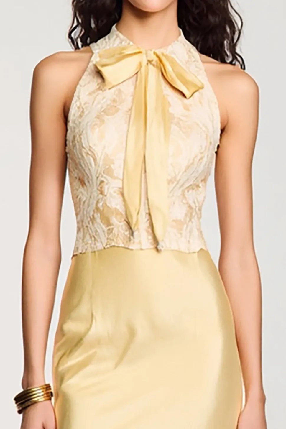 Halter amarelo bodycon midi arco vestido de casamento convidado