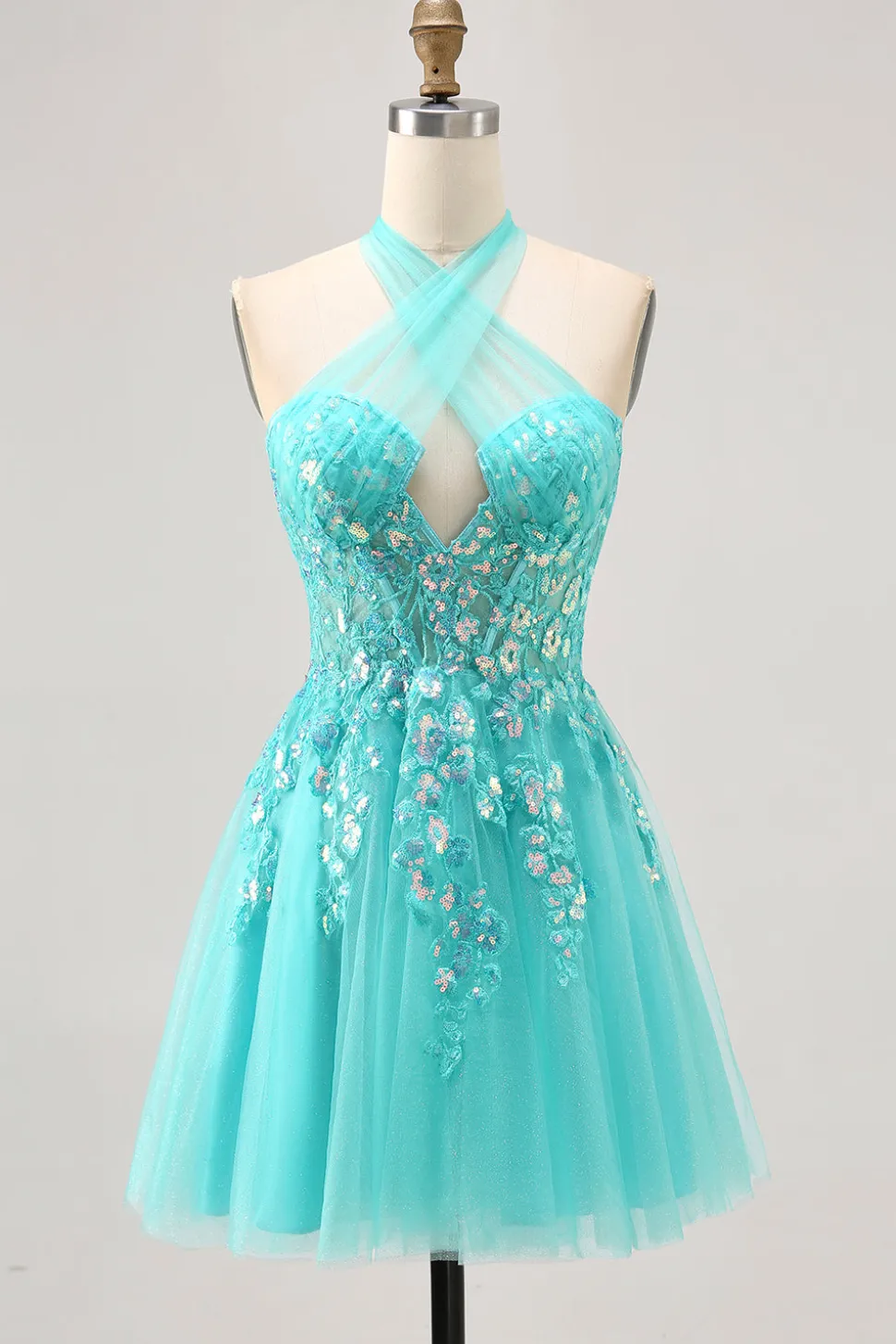 Halter Appliqued A Line Short Green Homecoming Dress