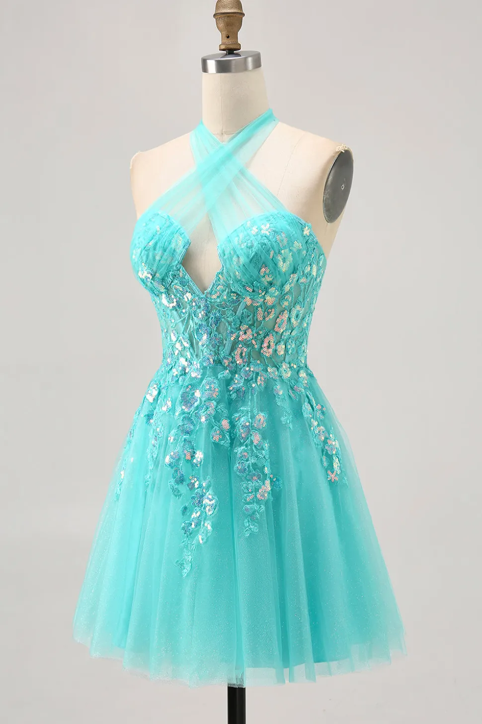 Halter Appliqued A Line Short Green Homecoming Dress