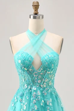 Halter Appliqued A Line Short Green Homecoming Dress