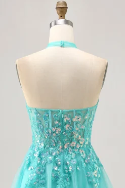 Halter Appliqued A Line Short Green Homecoming Dress