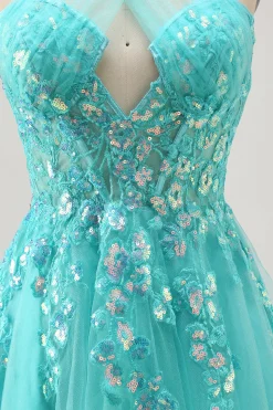 Halter Appliqued A Line Short Green Homecoming Dress