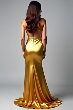 Halter Bainha Dourada Beaded Prom Dress com Fenda