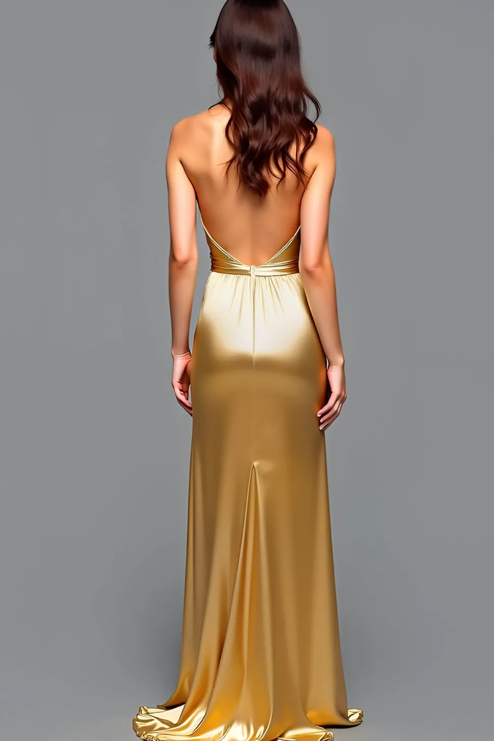 Halter Bainha Golden Backless Prom Vestido com Fenda Alta