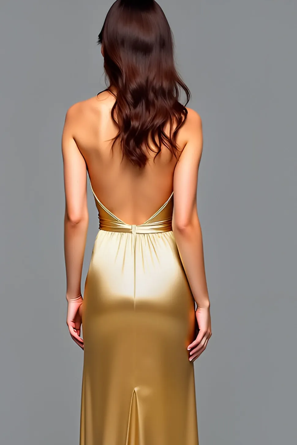 Halter Bainha Golden Backless Prom Vestido com Fenda Alta