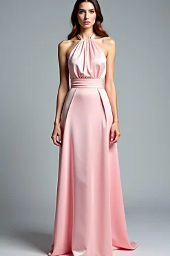 Halter cetim rosa uma linha plissado longo vestido formal