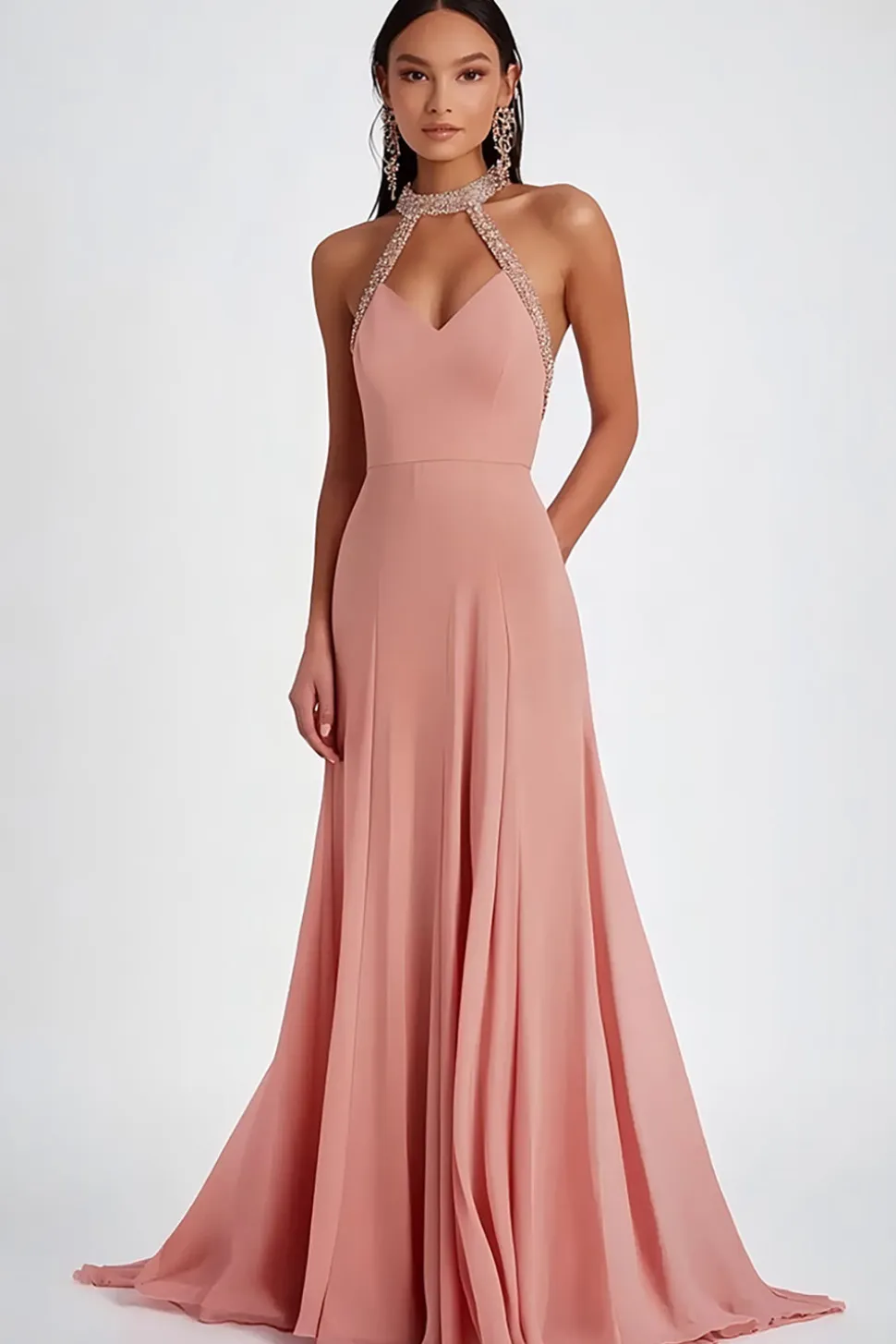 Halter Chiffon Pink Bainha Ruched Vestido Formal com Missangas