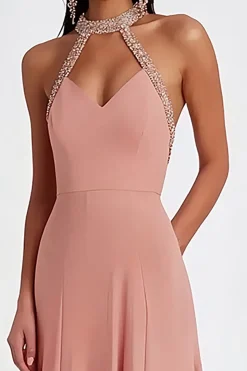 Halter Chiffon Pink Bainha Ruched Vestido Formal com Missangas