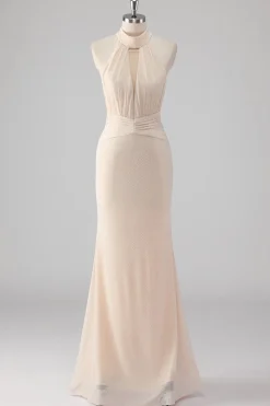 Halter Cream Sereia Cut out Vestido Formal Longo