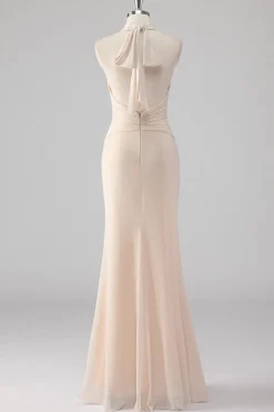 Halter Cream Sereia Cut out Vestido Formal Longo