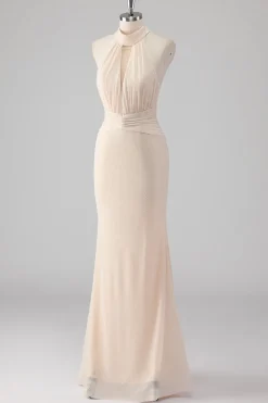 Halter Cream Sereia Cut out Vestido Formal Longo