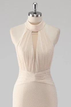 Halter Cream Sereia Cut out Vestido Formal Longo
